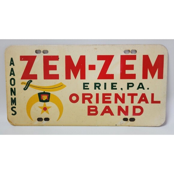 Vintage AAONMS Shriners Zem-Zem Oriental Band Erie‎ PA Masonic License Plate Tag - Picture 1 of 4